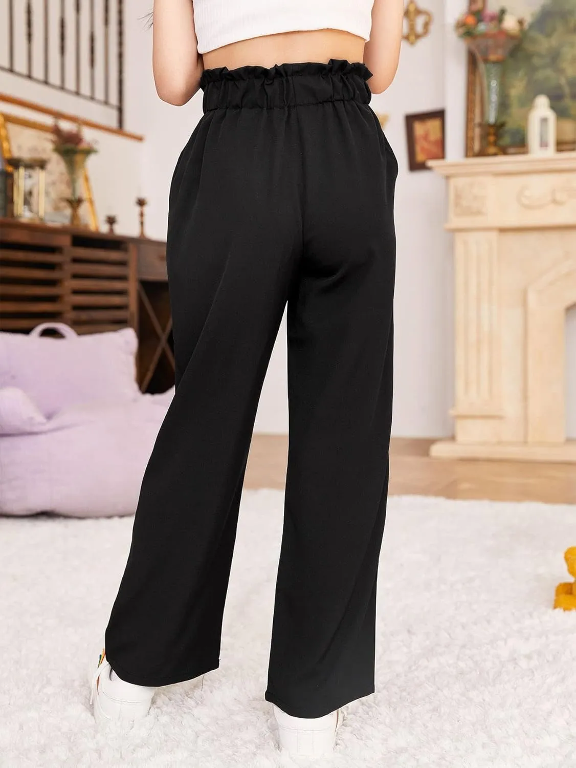 WDIRARA Girl's Paper Bag Waist Belted Wide Leg Pants Casual Elastic High Waist Pants