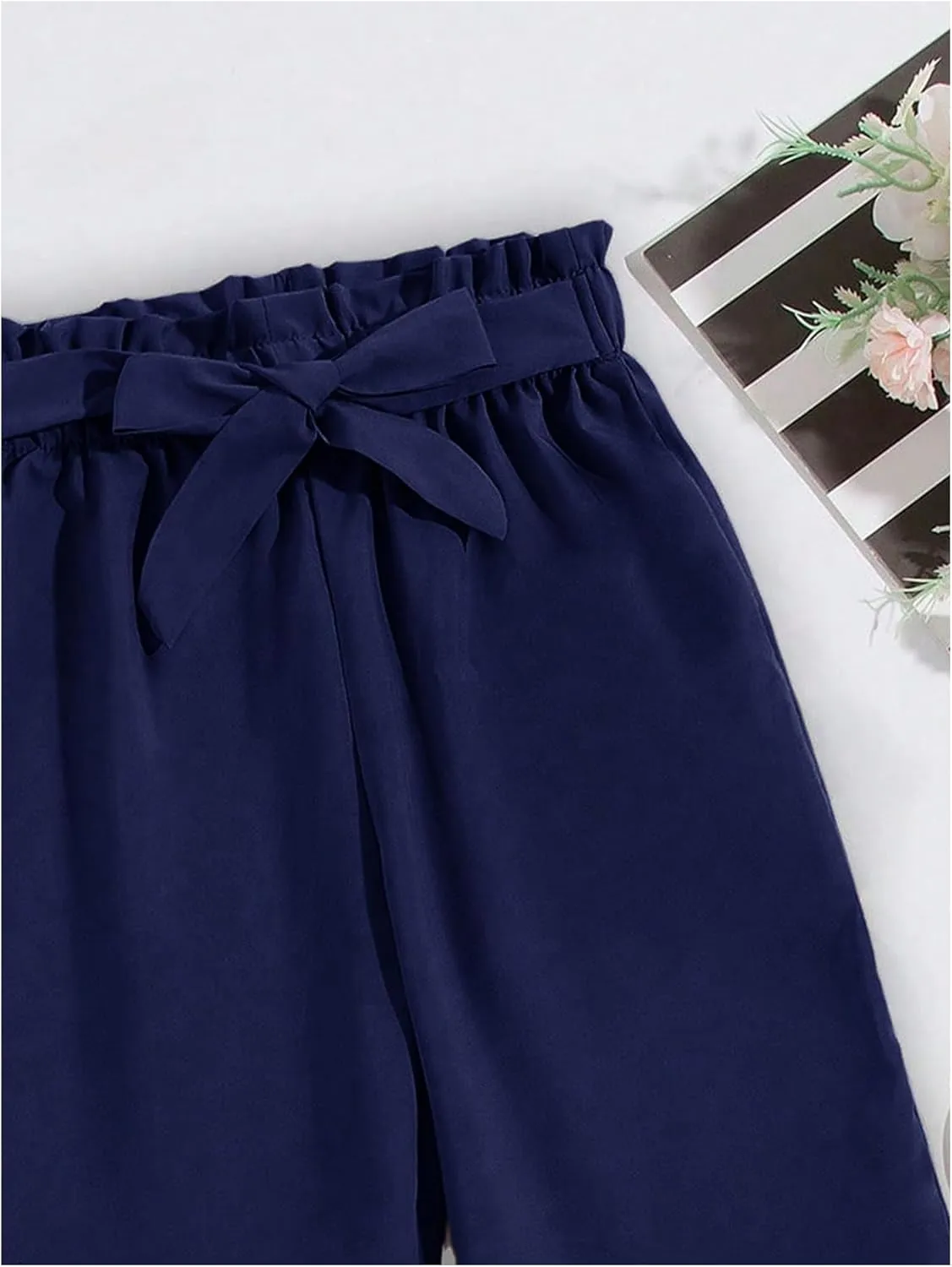 WDIRARA Girl's Paper Bag Waist Belted Wide Leg Pants Casual Elastic High Waist Pants