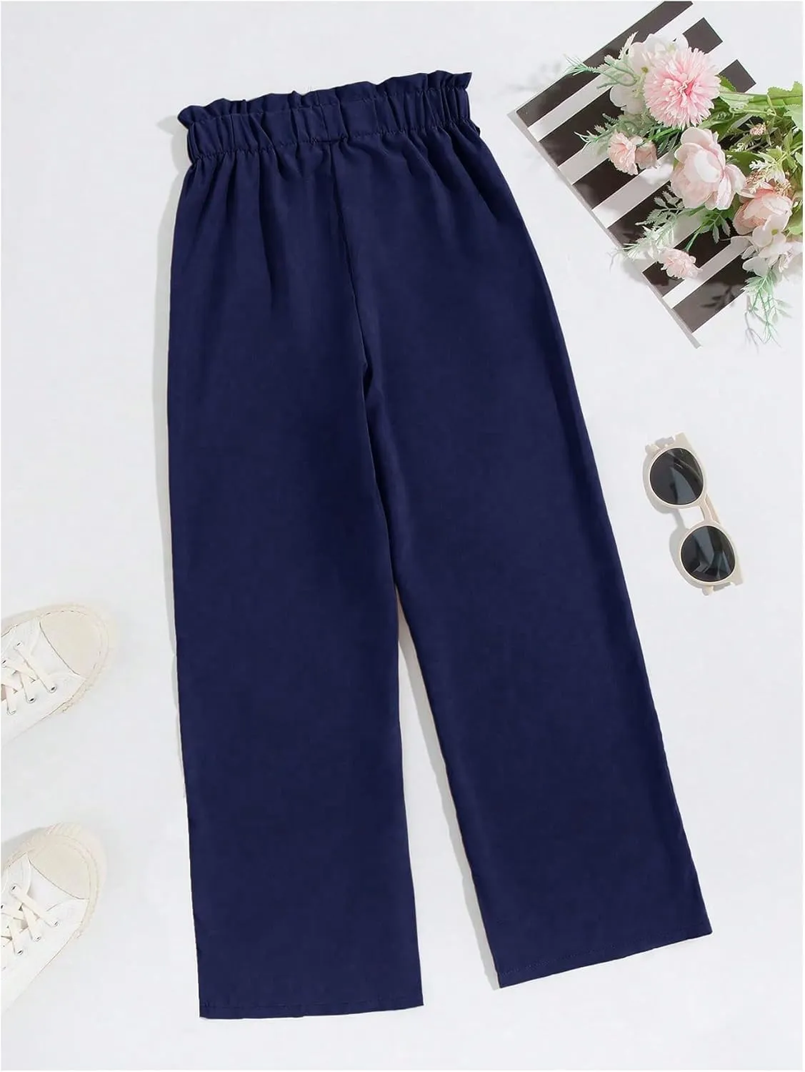 WDIRARA Girl's Paper Bag Waist Belted Wide Leg Pants Casual Elastic High Waist Pants
