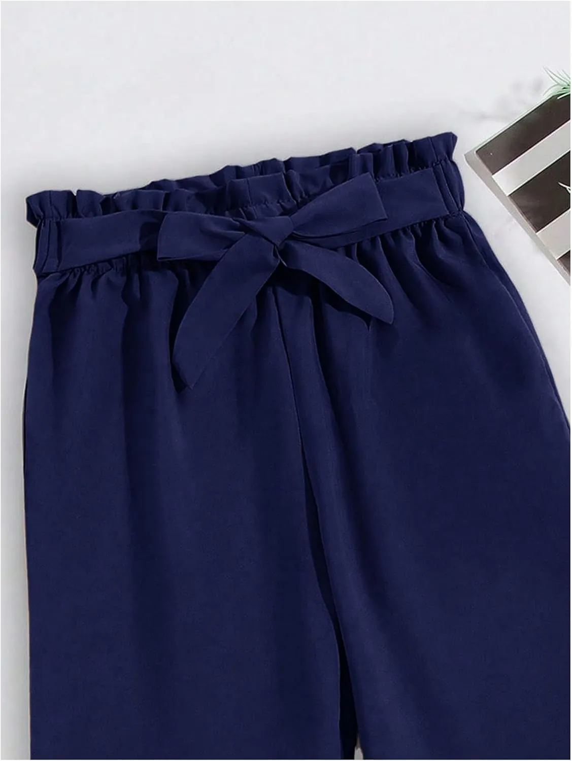 WDIRARA Girl's Paper Bag Waist Belted Wide Leg Pants Casual Elastic High Waist Pants