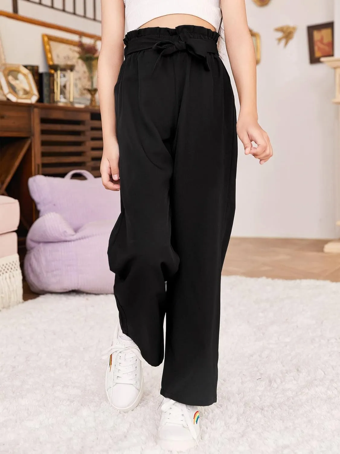 WDIRARA Girl's Paper Bag Waist Belted Wide Leg Pants Casual Elastic High Waist Pants