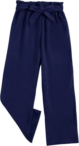 WDIRARA Girl's Paper Bag Waist Belted Wide Leg Pants Casual Elastic High Waist Pants