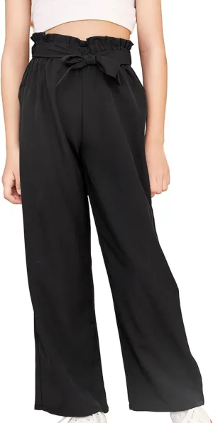 WDIRARA Girl's Paper Bag Waist Belted Wide Leg Pants Casual Elastic High Waist Pants