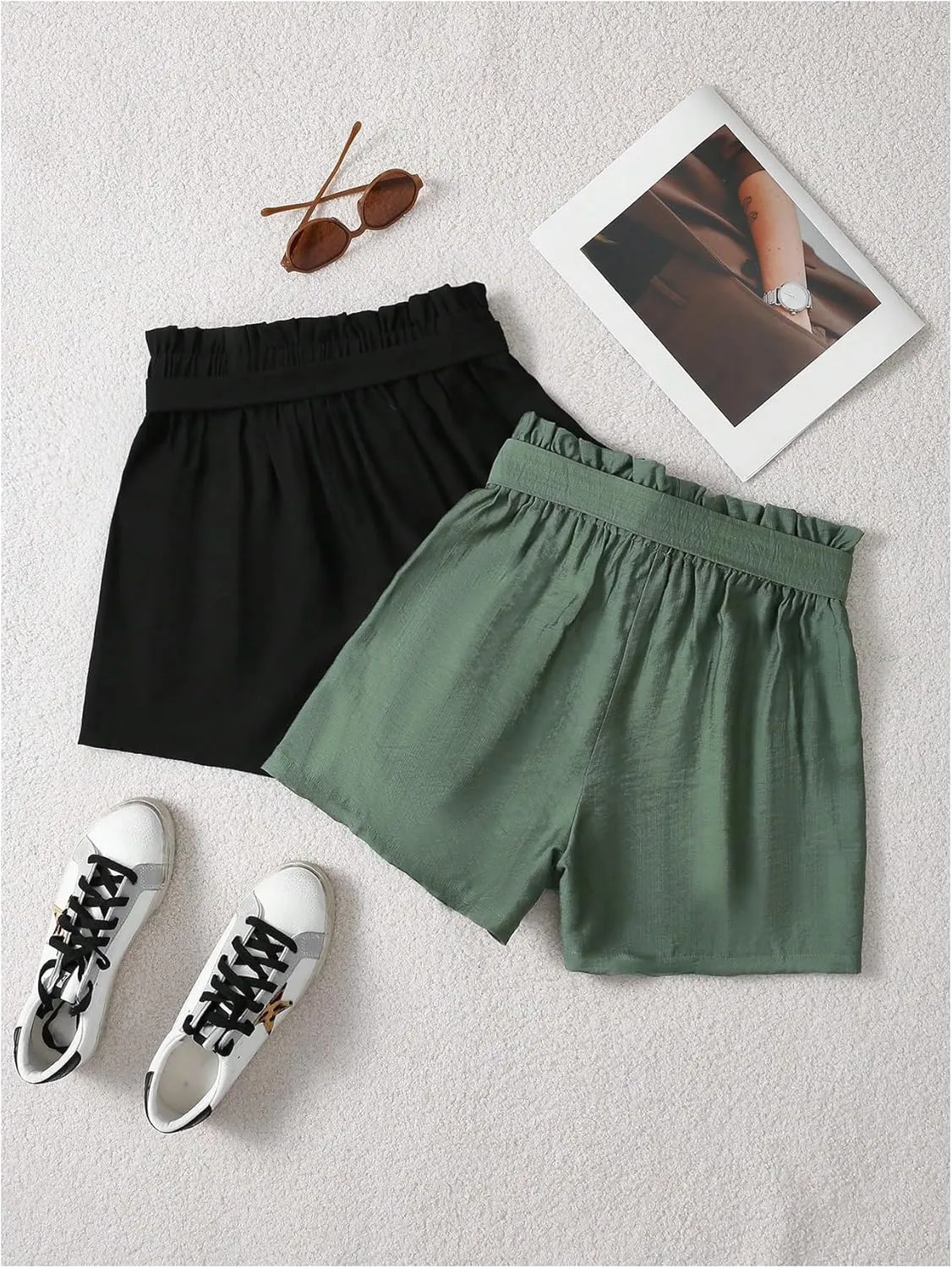 WDIRARA Women's 2 Pack High Rise Wide Leg Shorts Bow Tie Elastic Waist Paperbag Shorts