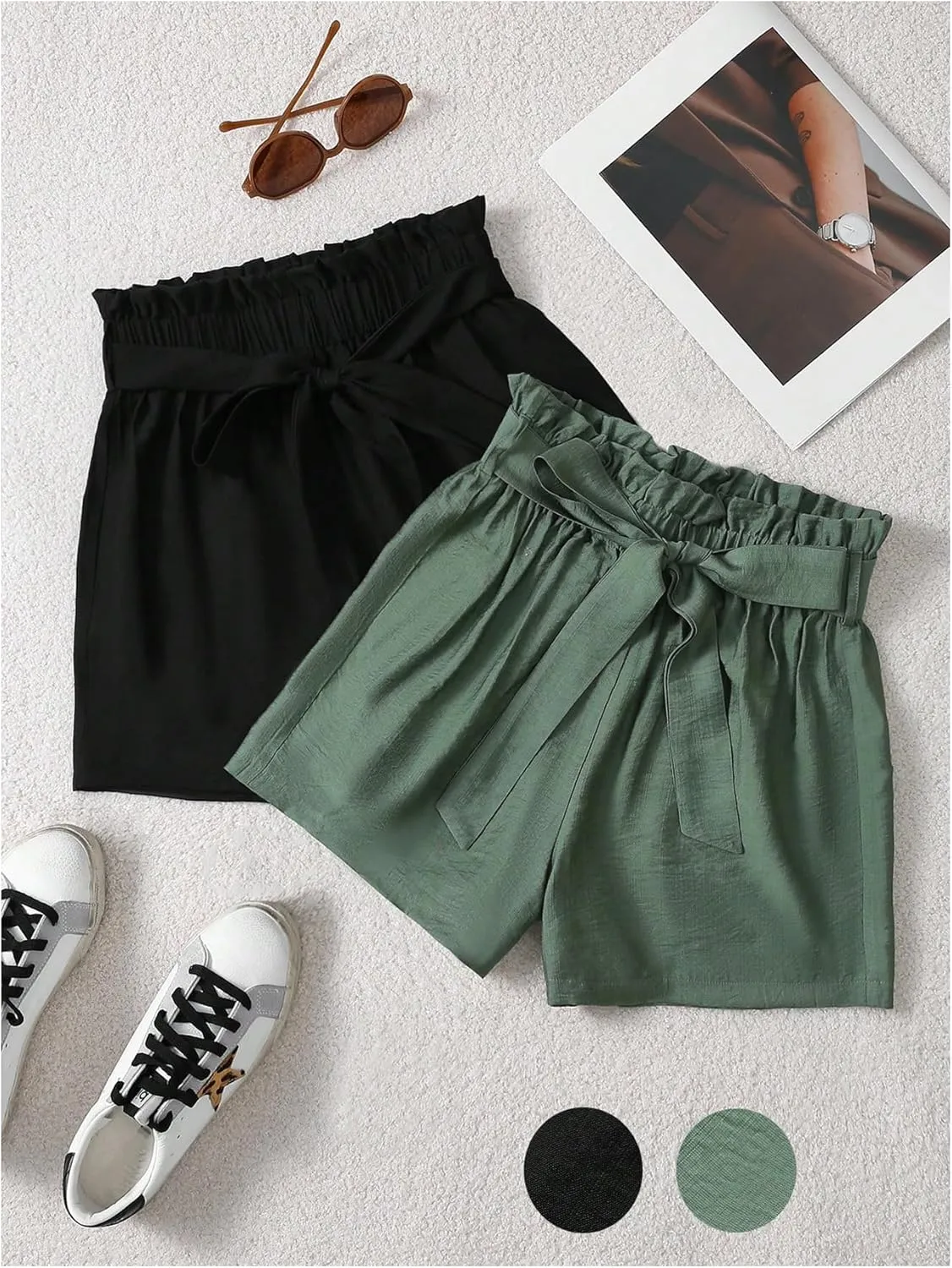 WDIRARA Women's 2 Pack High Rise Wide Leg Shorts Bow Tie Elastic Waist Paperbag Shorts