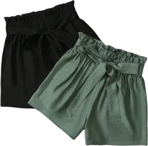 WDIRARA Women's 2 Pack High Rise Wide Leg Shorts Bow Tie Elastic Waist Paperbag Shorts