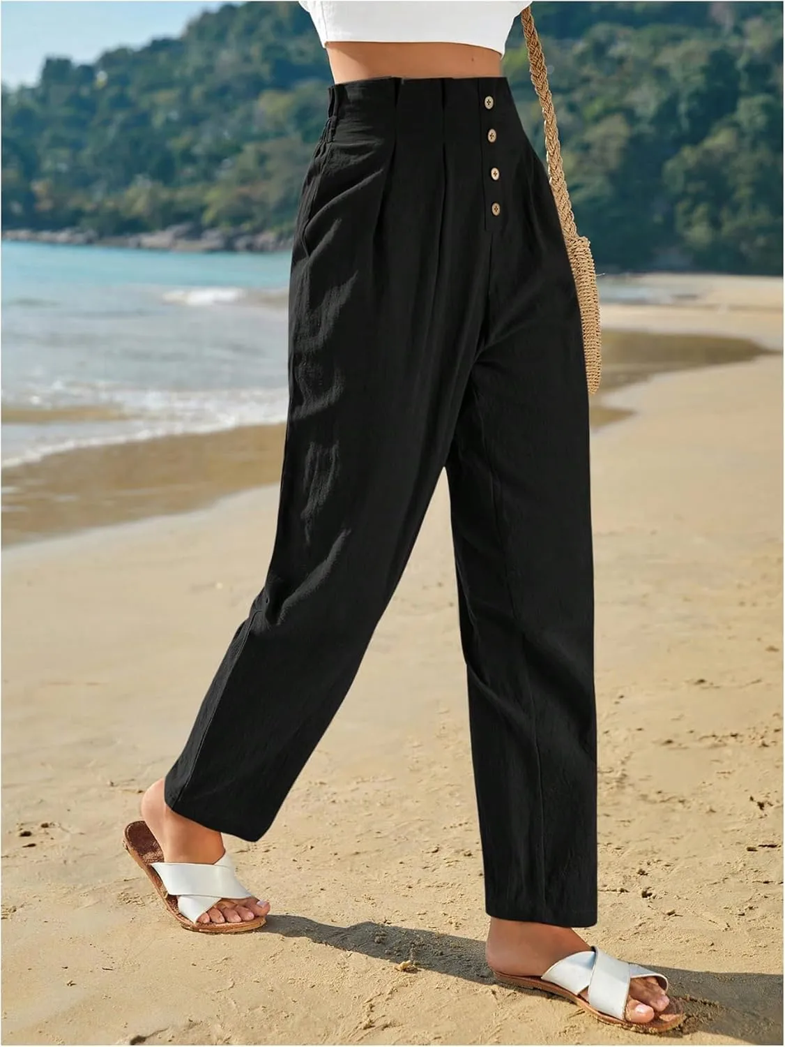WDIRARA Women's Paperbag Waist Button Front Tapered Pants Elastic High Waist Pleated Trousers