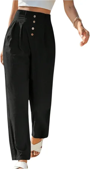 WDIRARA Women's Paperbag Waist Button Front Tapered Pants Elastic High Waist Pleated Trousers