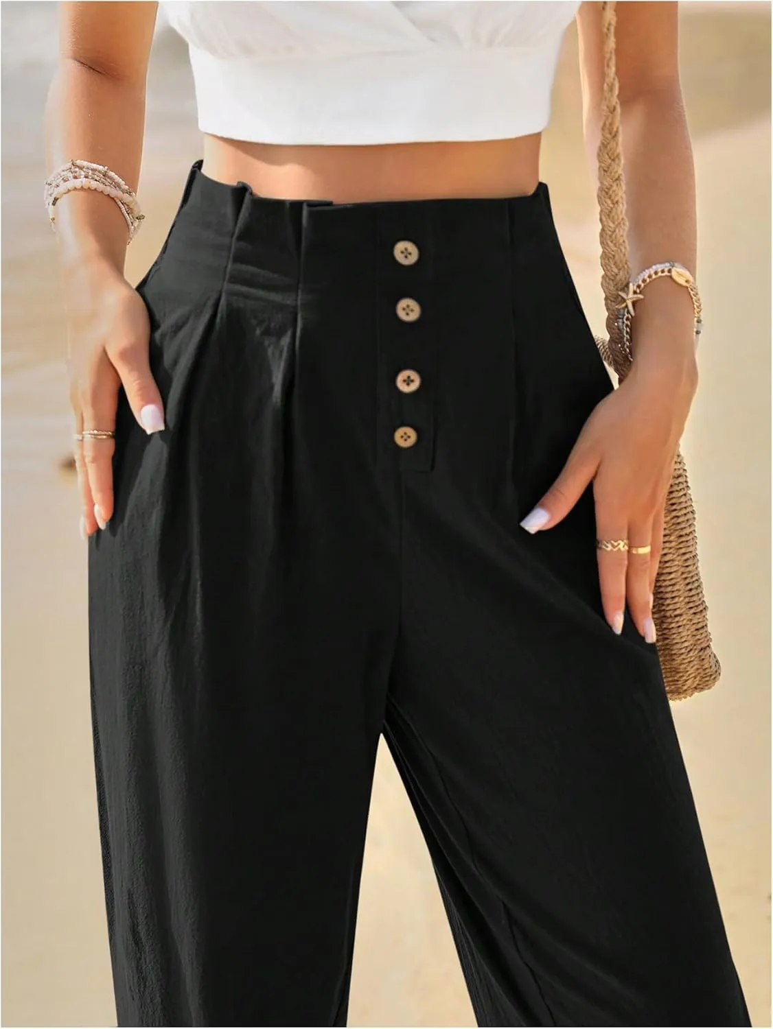 WDIRARA Women's Paperbag Waist Button Front Tapered Pants Elastic High Waist Pleated Trousers