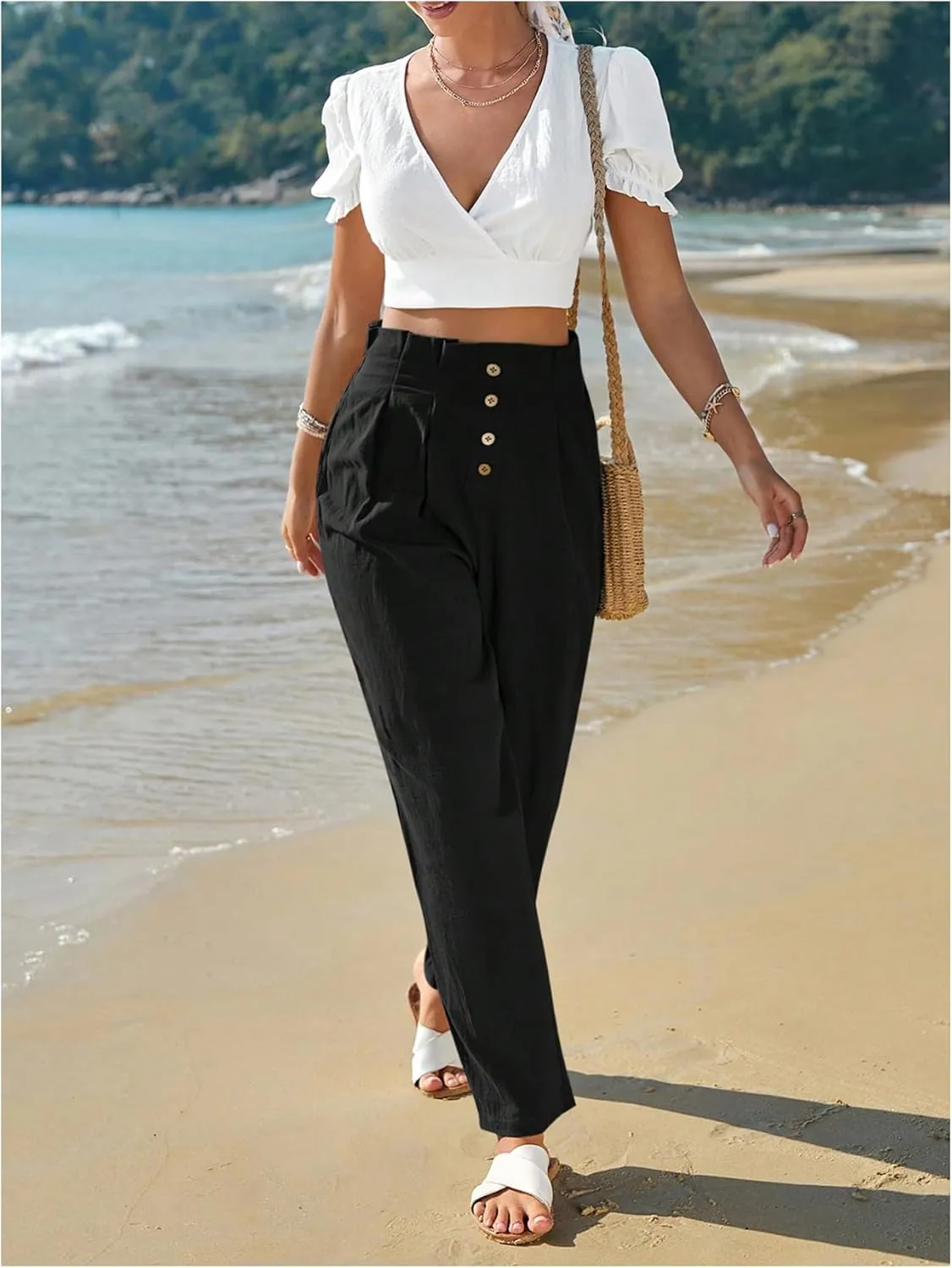 WDIRARA Women's Paperbag Waist Button Front Tapered Pants Elastic High Waist Pleated Trousers