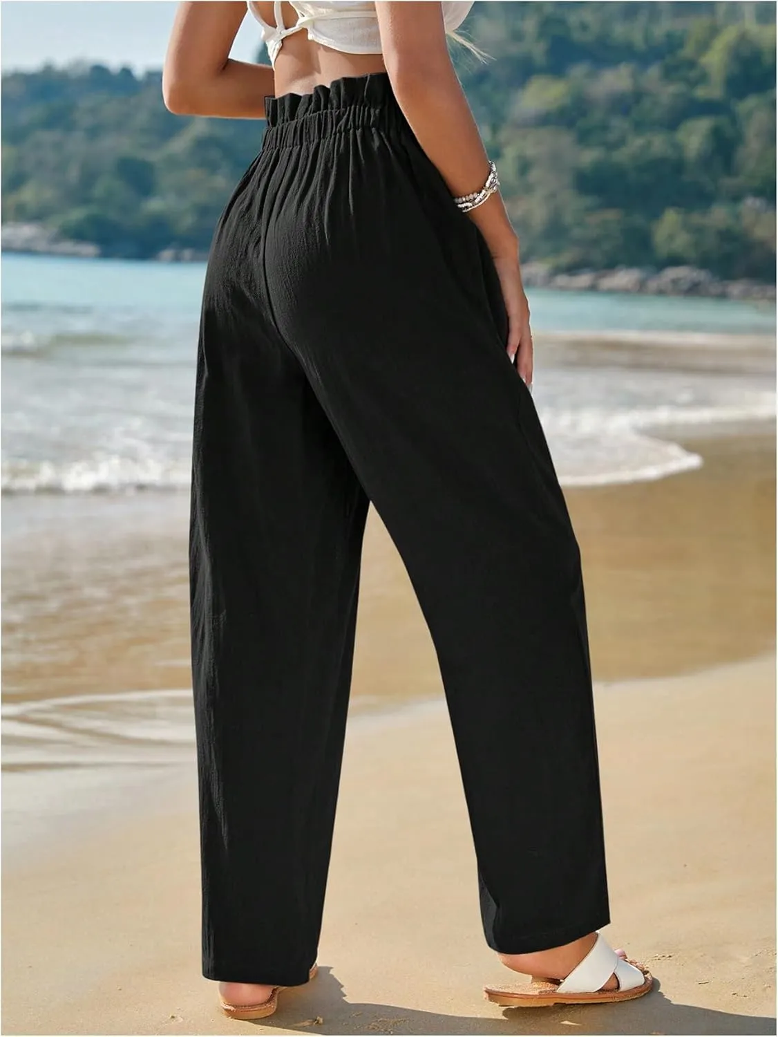WDIRARA Women's Paperbag Waist Button Front Tapered Pants Elastic High Waist Pleated Trousers