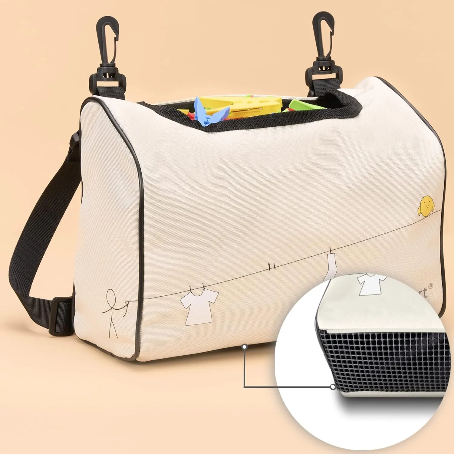 Wearable Clothespin Bag with Shoulder & Waist Strap. Double Secure Clips & Clever Quick Dry Mesh Clothes Pins Bag Holder. Clothes Pin Bag That Holds Up To 300 Medium Clothespins (Beige, Open Top)