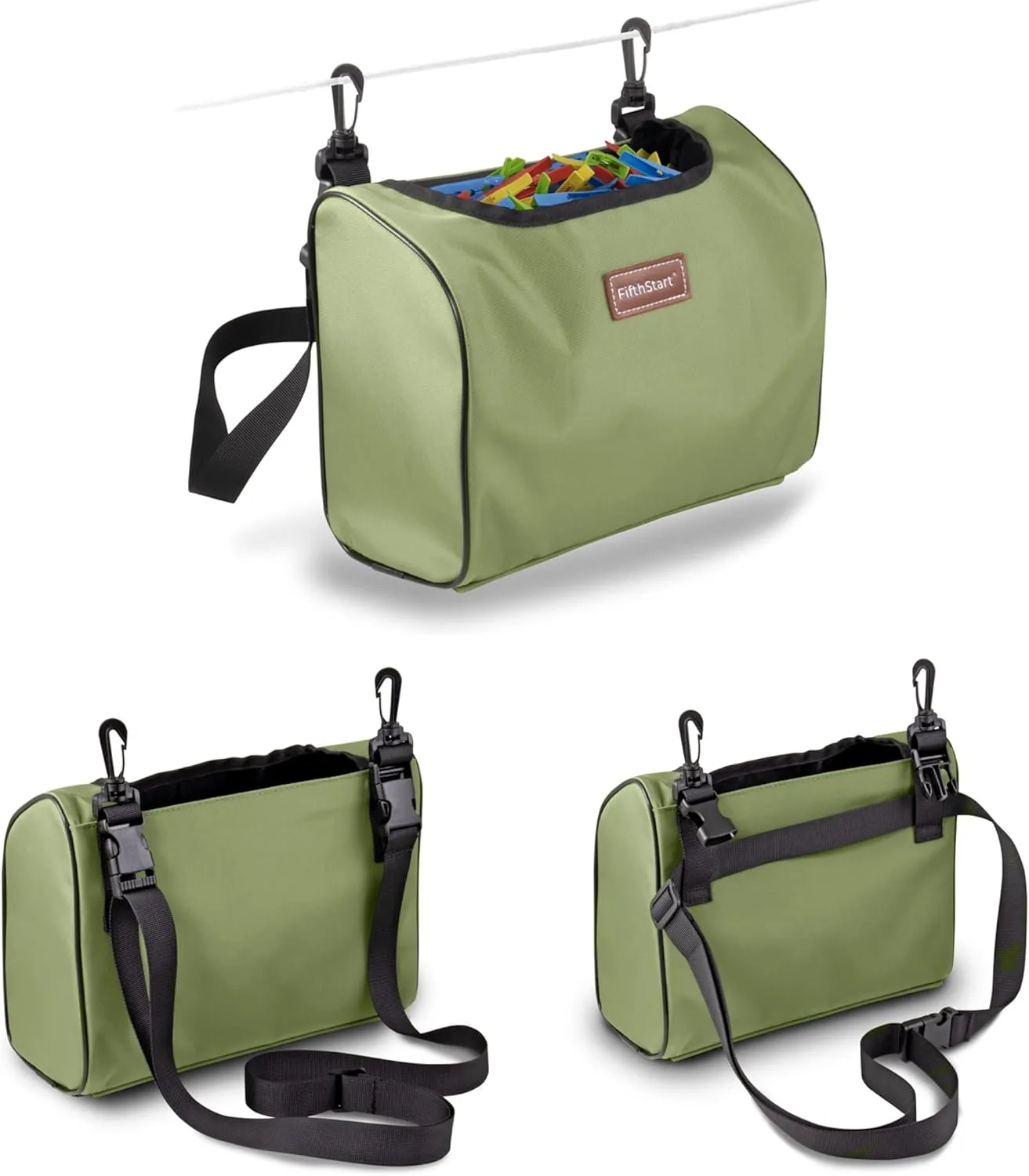 Wearable Clothespin Bag with Shoulder & Waist Strap. Double Secure Clips & Clever Quick Dry Mesh Clothes Pins Bag Holder. Clothes Pin Bag That Holds Up To 300 Medium Clothespins (Green, Open Top)