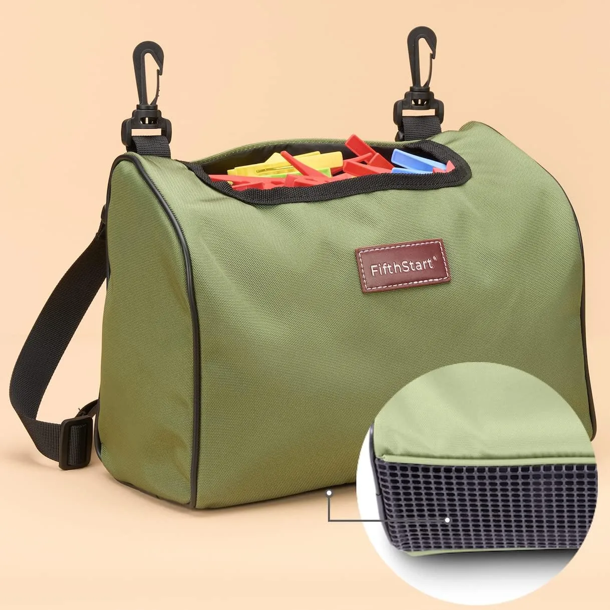 Wearable Clothespin Bag with Shoulder & Waist Strap. Double Secure Clips & Clever Quick Dry Mesh Clothes Pins Bag Holder. Clothes Pin Bag That Holds Up To 300 Medium Clothespins (Green, Open Top)