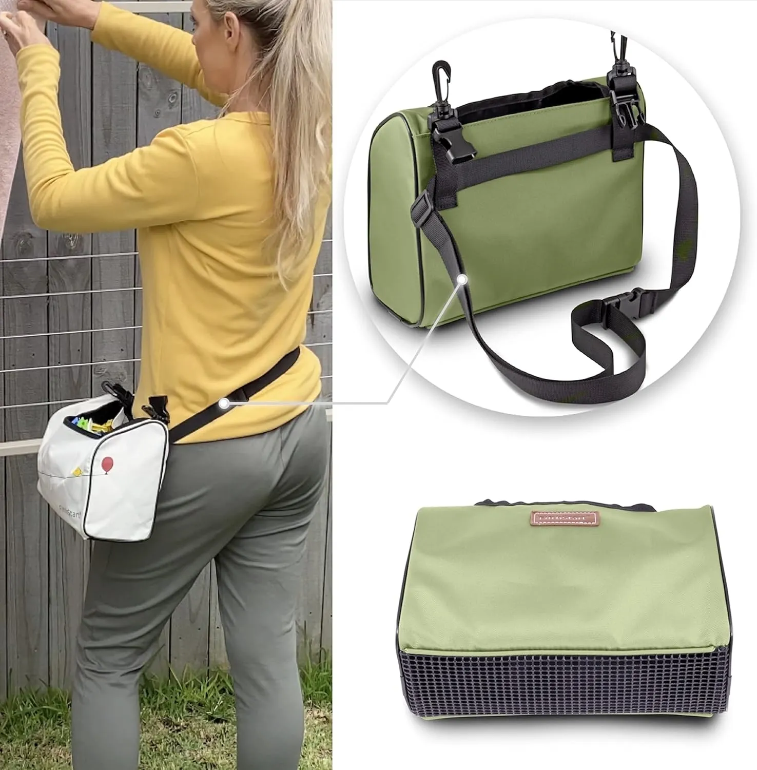 Wearable Clothespin Bag with Shoulder & Waist Strap. Double Secure Clips & Clever Quick Dry Mesh Clothes Pins Bag Holder. Clothes Pin Bag That Holds Up To 300 Medium Clothespins (Green, Open Top)