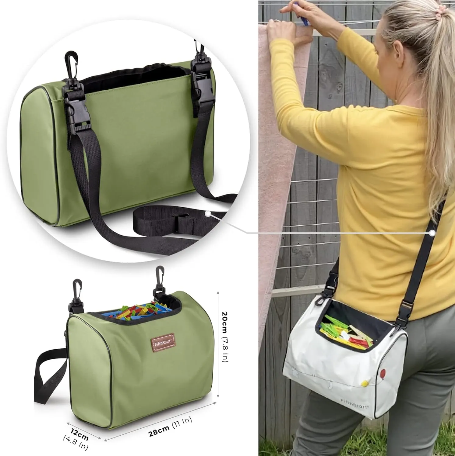 Wearable Clothespin Bag with Shoulder & Waist Strap. Double Secure Clips & Clever Quick Dry Mesh Clothes Pins Bag Holder. Clothes Pin Bag That Holds Up To 300 Medium Clothespins (Green, Open Top)