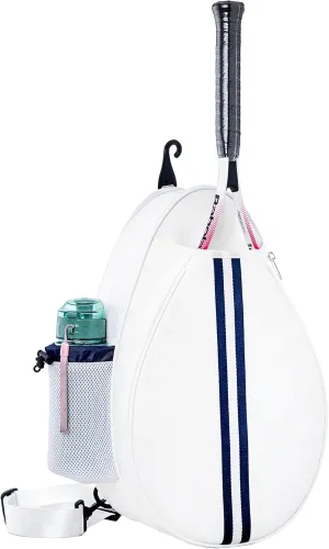 White PU One Shoulder Crossbody Tennis Backpack Girls Tennis Bag Tennis Racket Sling Bag for Women, with Water Bottle Holder