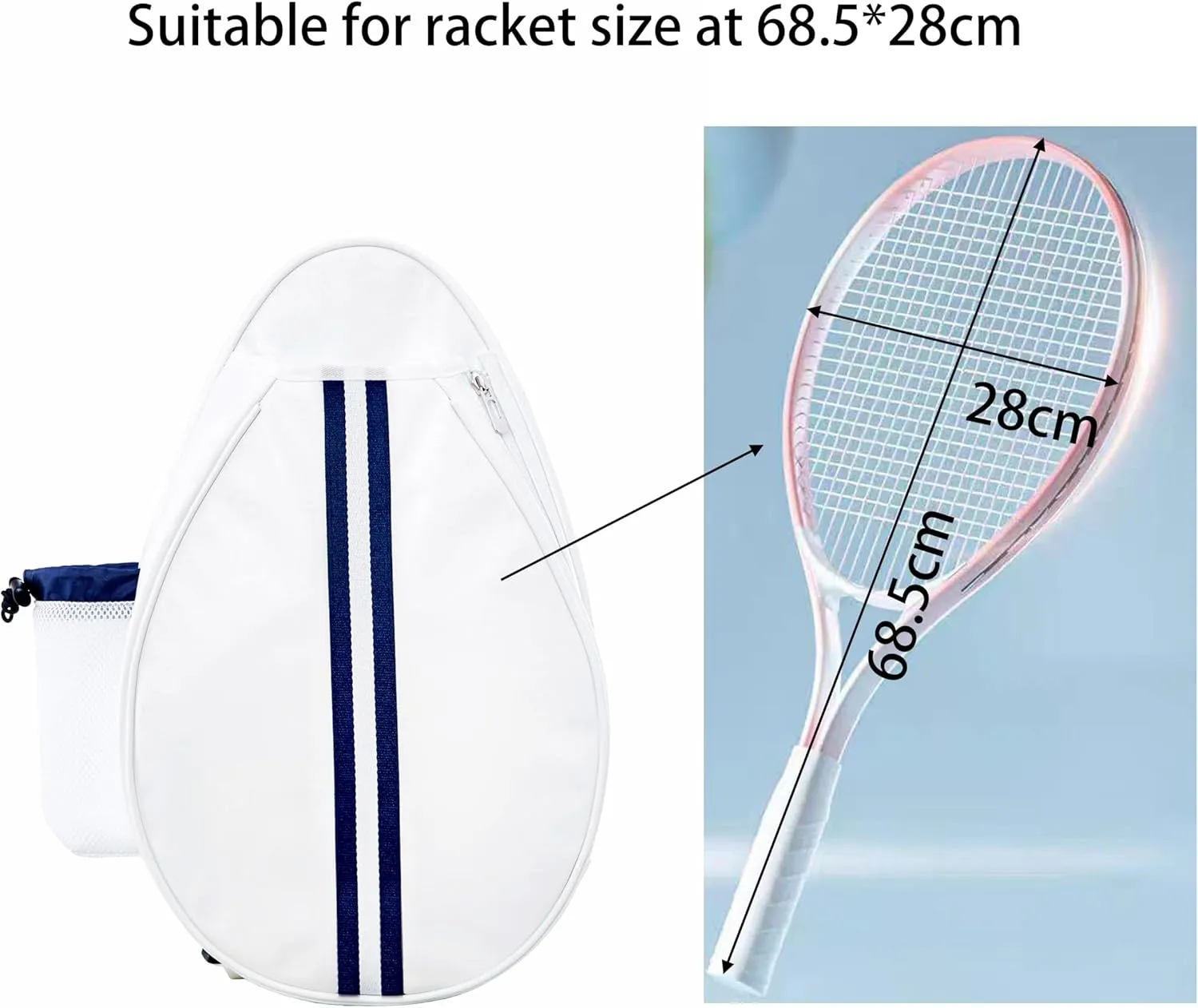 White PU One Shoulder Crossbody Tennis Backpack Girls Tennis Bag Tennis Racket Sling Bag for Women, with Water Bottle Holder