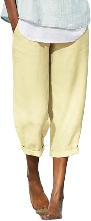 Wide Leg Linen Pants for Women Casual Summer Capris Cotton Linen Palazzo Pants Baggy Trousers with Pockets
