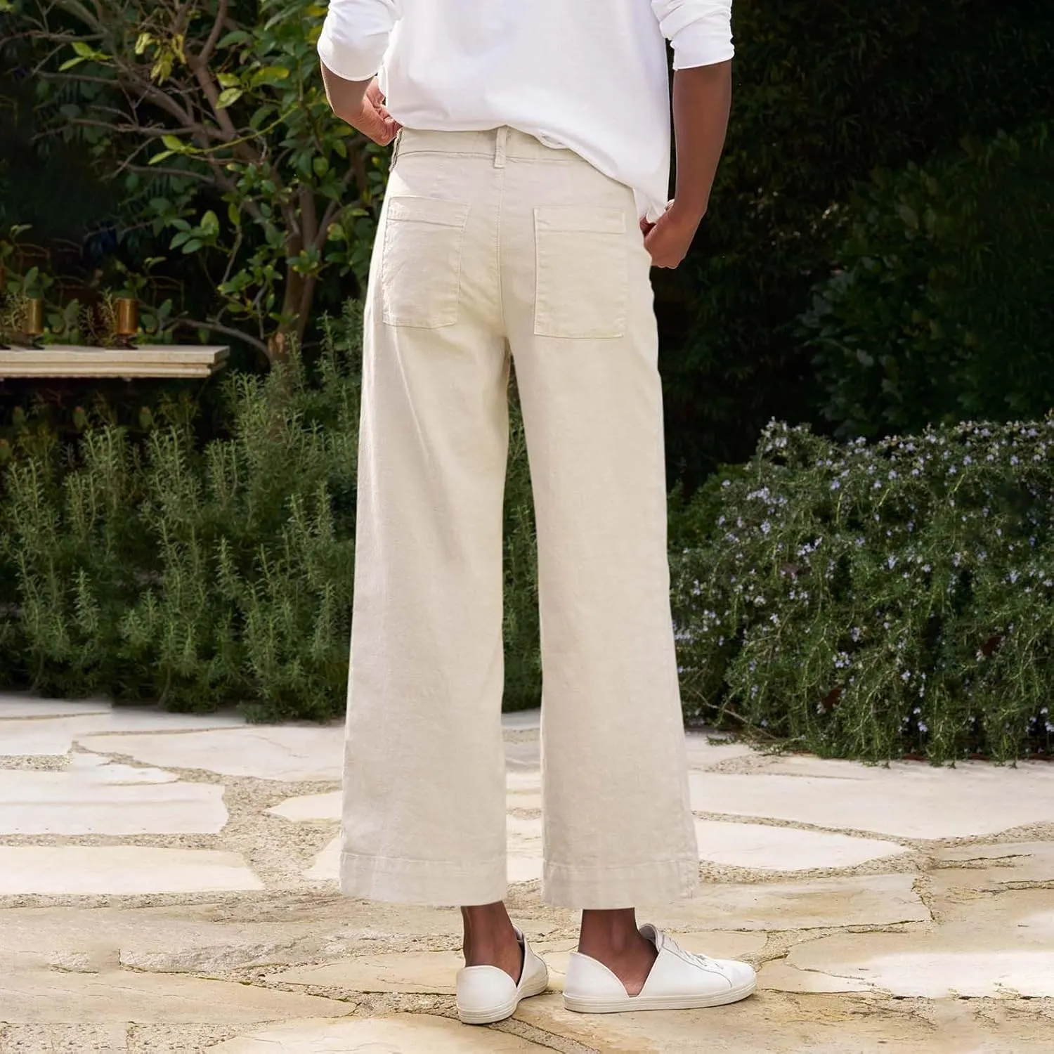 Wide Leg Linen Pants for Women Cropped Elastic High Waisted Dressy Pants Business Casual Comfy Work Pants with Pockets