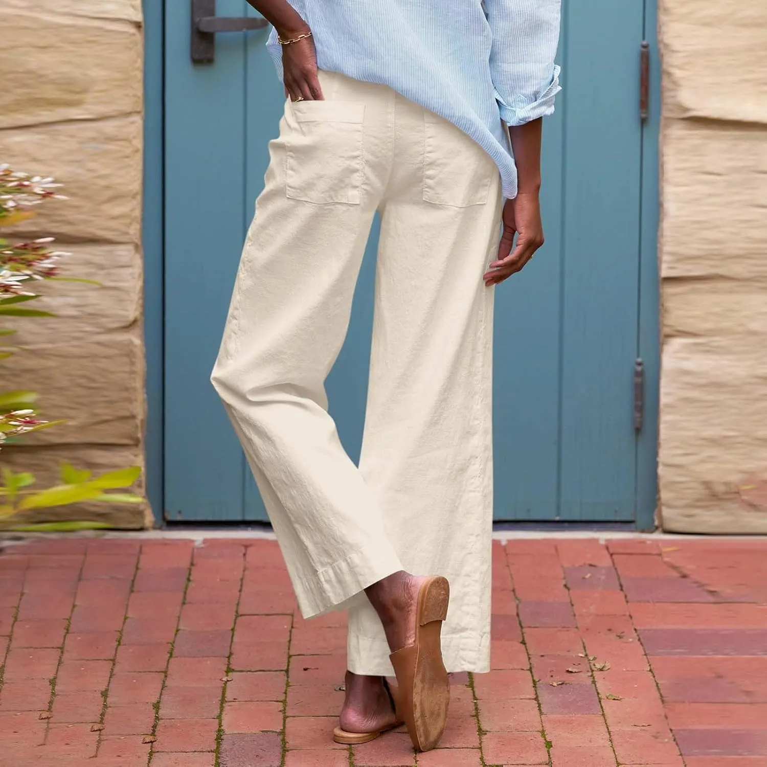 Wide Leg Linen Pants for Women Cropped Elastic High Waisted Dressy Pants Business Casual Comfy Work Pants with Pockets