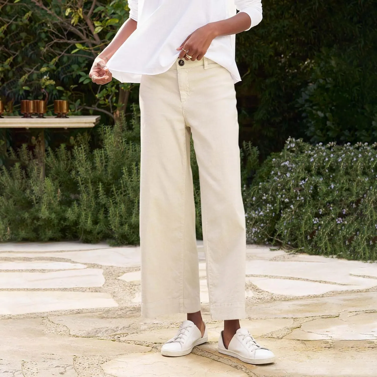 Wide Leg Linen Pants for Women Cropped Elastic High Waisted Dressy Pants Business Casual Comfy Work Pants with Pockets