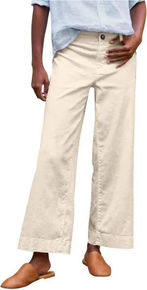 Wide Leg Linen Pants for Women Cropped Elastic High Waisted Dressy Pants Business Casual Comfy Work Pants with Pockets