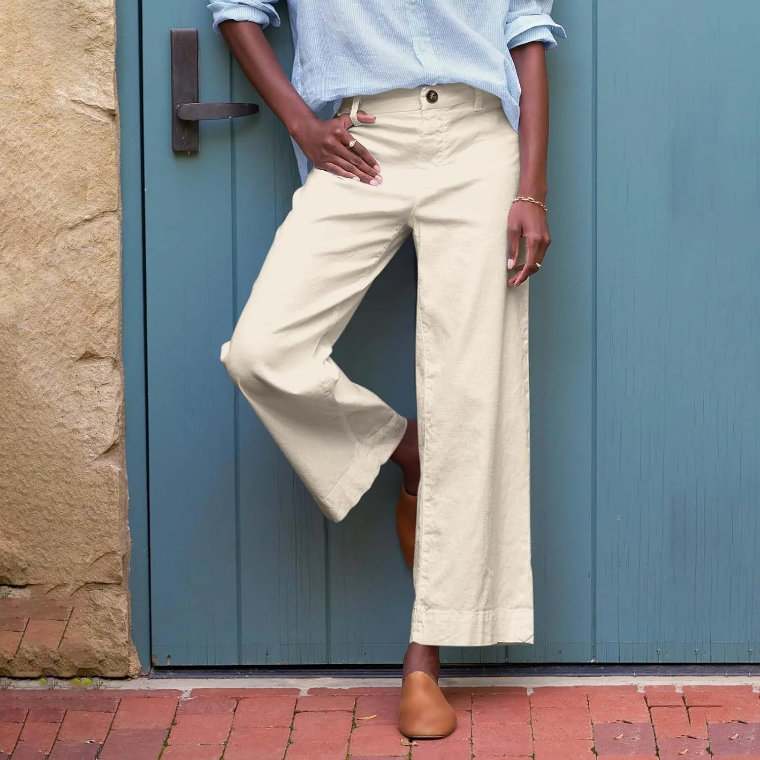 Wide Leg Linen Pants for Women Cropped Elastic High Waisted Dressy Pants Business Casual Comfy Work Pants with Pockets