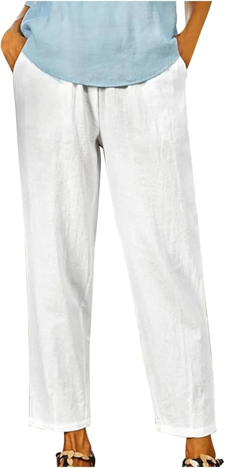 Wide Leg Pants Woman Vintage Loose Cotton Linen Summer Beach Pants Capris Pants Casual Plus Size Palazzo Long Lounge Trousers