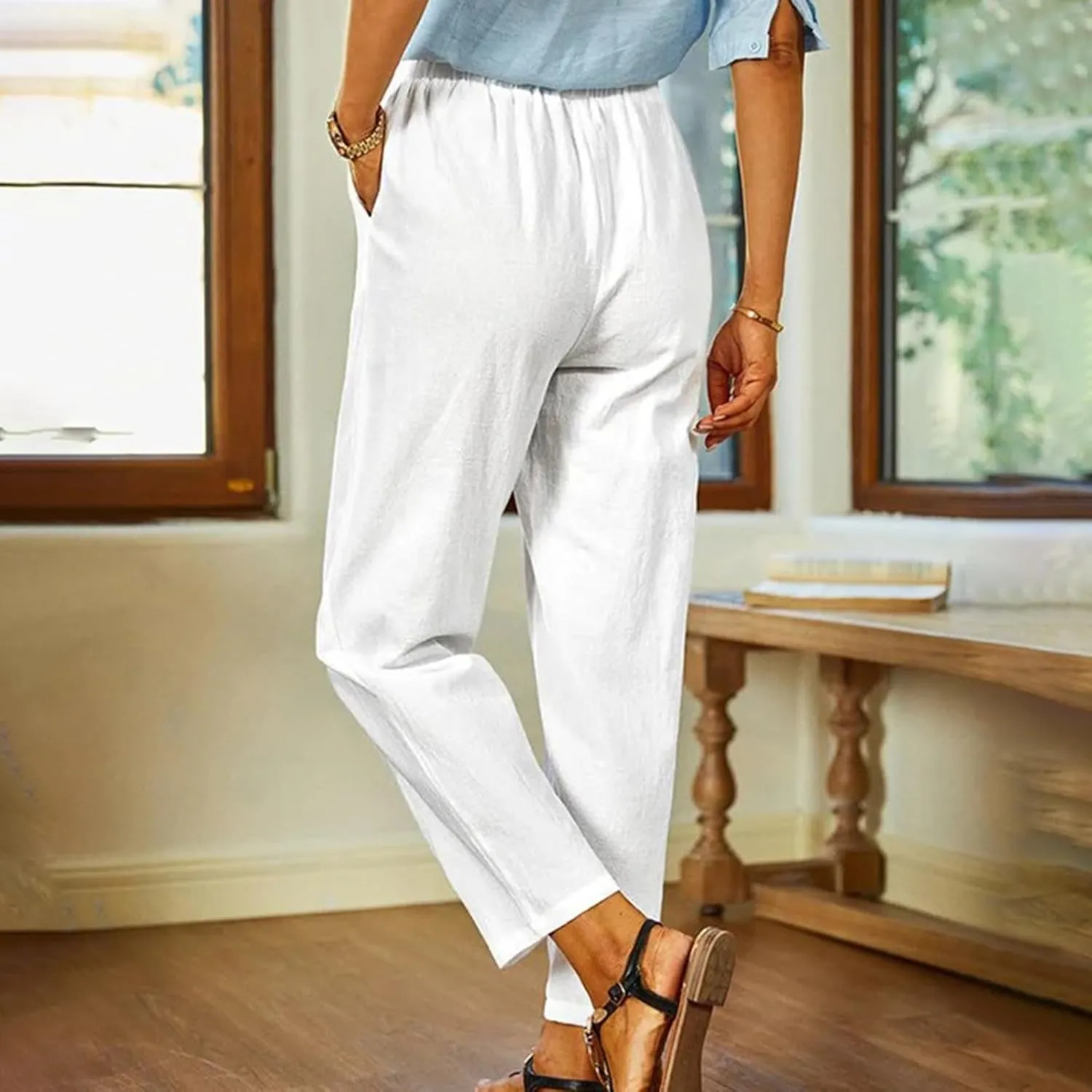 Wide Leg Pants Woman Vintage Loose Cotton Linen Summer Beach Pants Capris Pants Casual Plus Size Palazzo Long Lounge Trousers