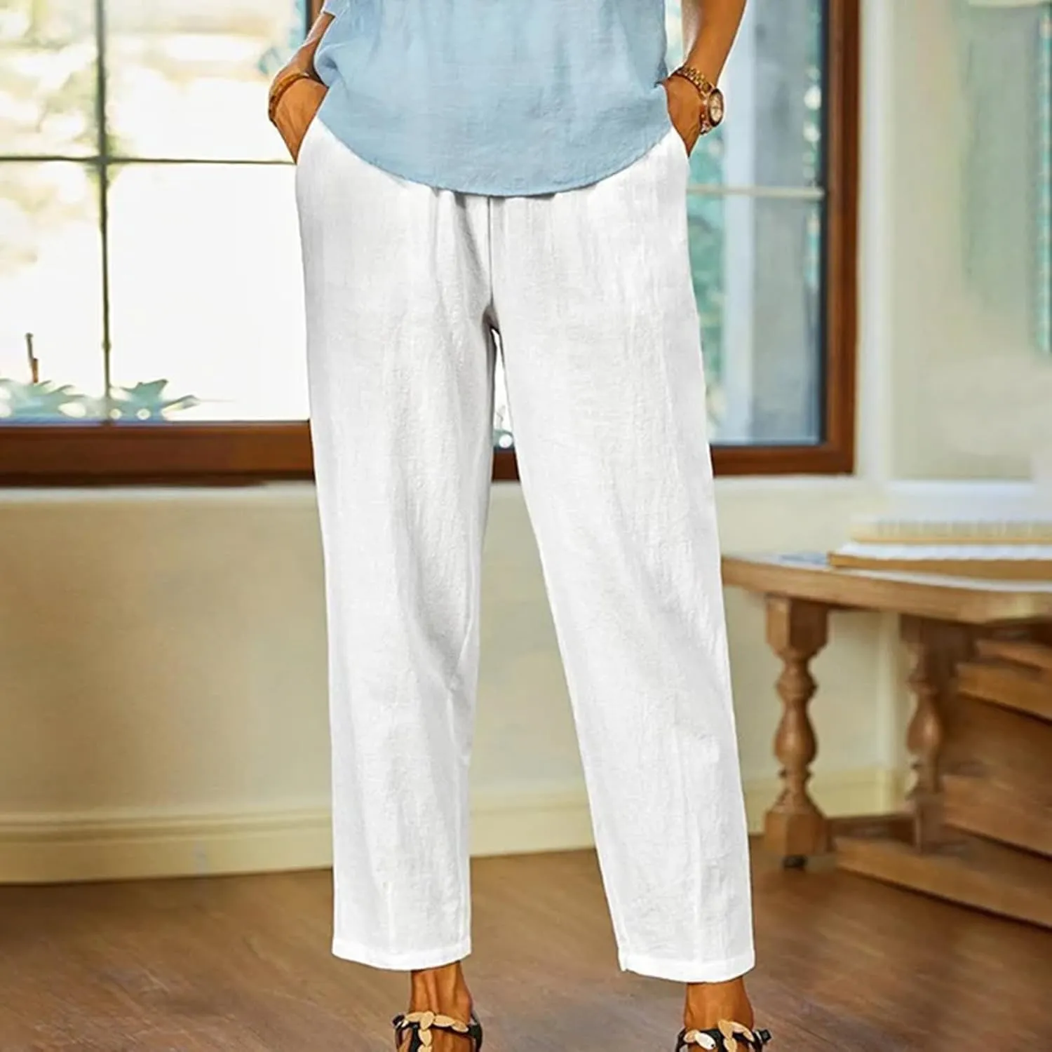 Wide Leg Pants Woman Vintage Loose Cotton Linen Summer Beach Pants Capris Pants Casual Plus Size Palazzo Long Lounge Trousers
