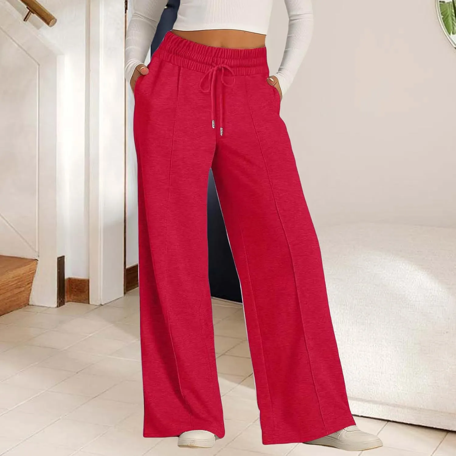 Wide Leg Sweatpants Women Elastic Drawstring Straight Leg Lounge Pants Casual Comfy Athletic Flare Joggers Trousers
