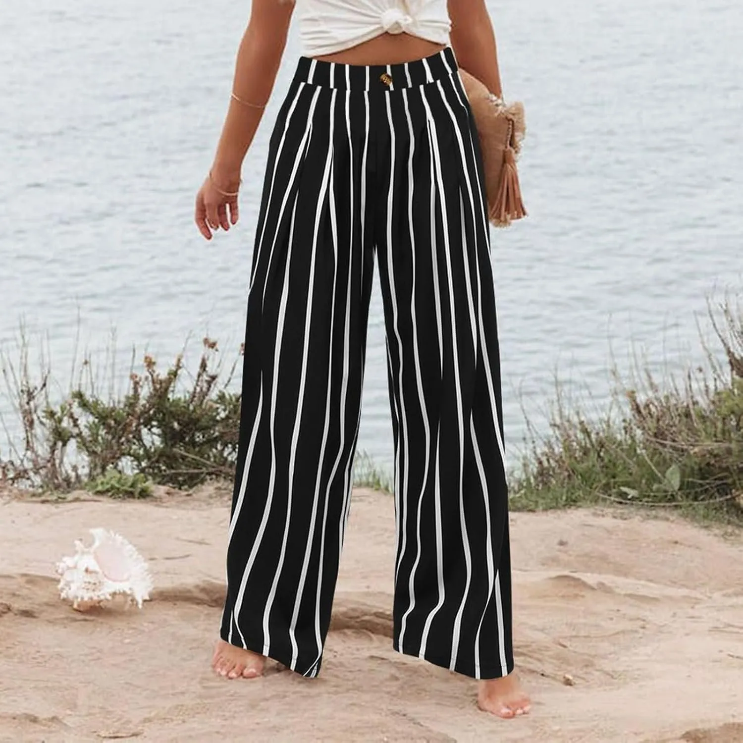 Wide Leg Trousers Pants for Women High Elastic Waisted in The Back Business Work Button Long Casual Pants Palazzo Plus