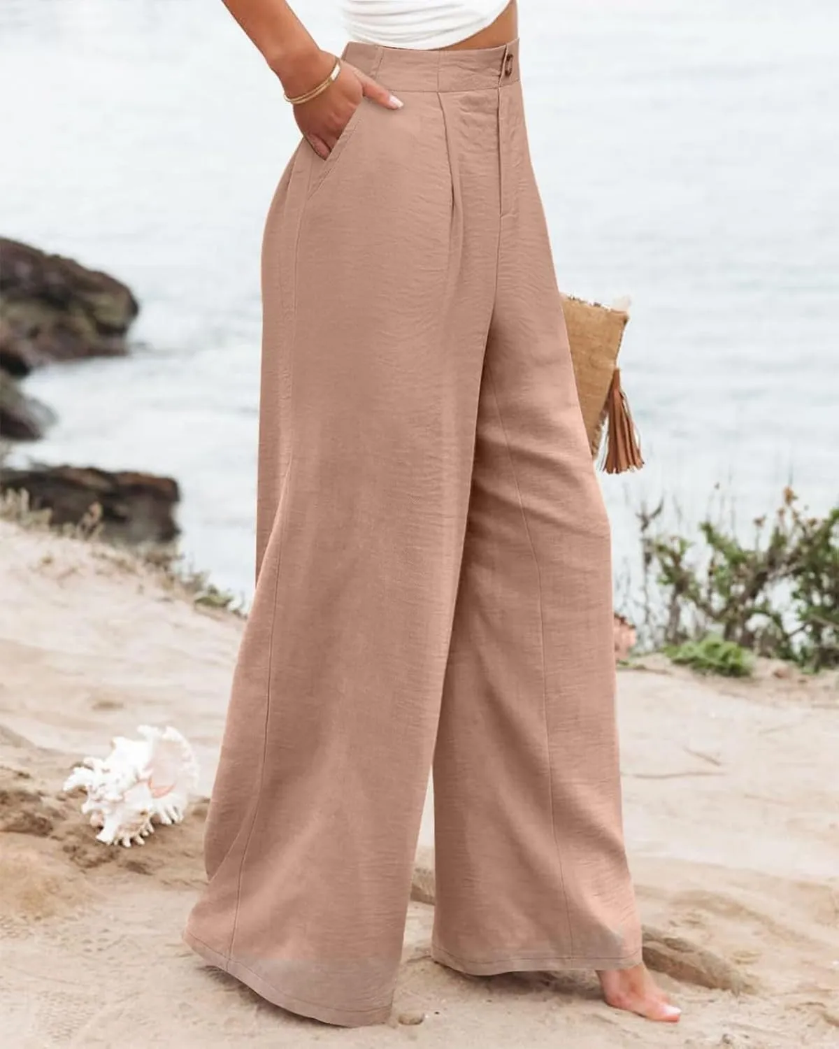 Wide Leg Trousers Pants for Women High Elastic Waisted in The Back Business Work Button Long Casual Pants Palazzo Plus