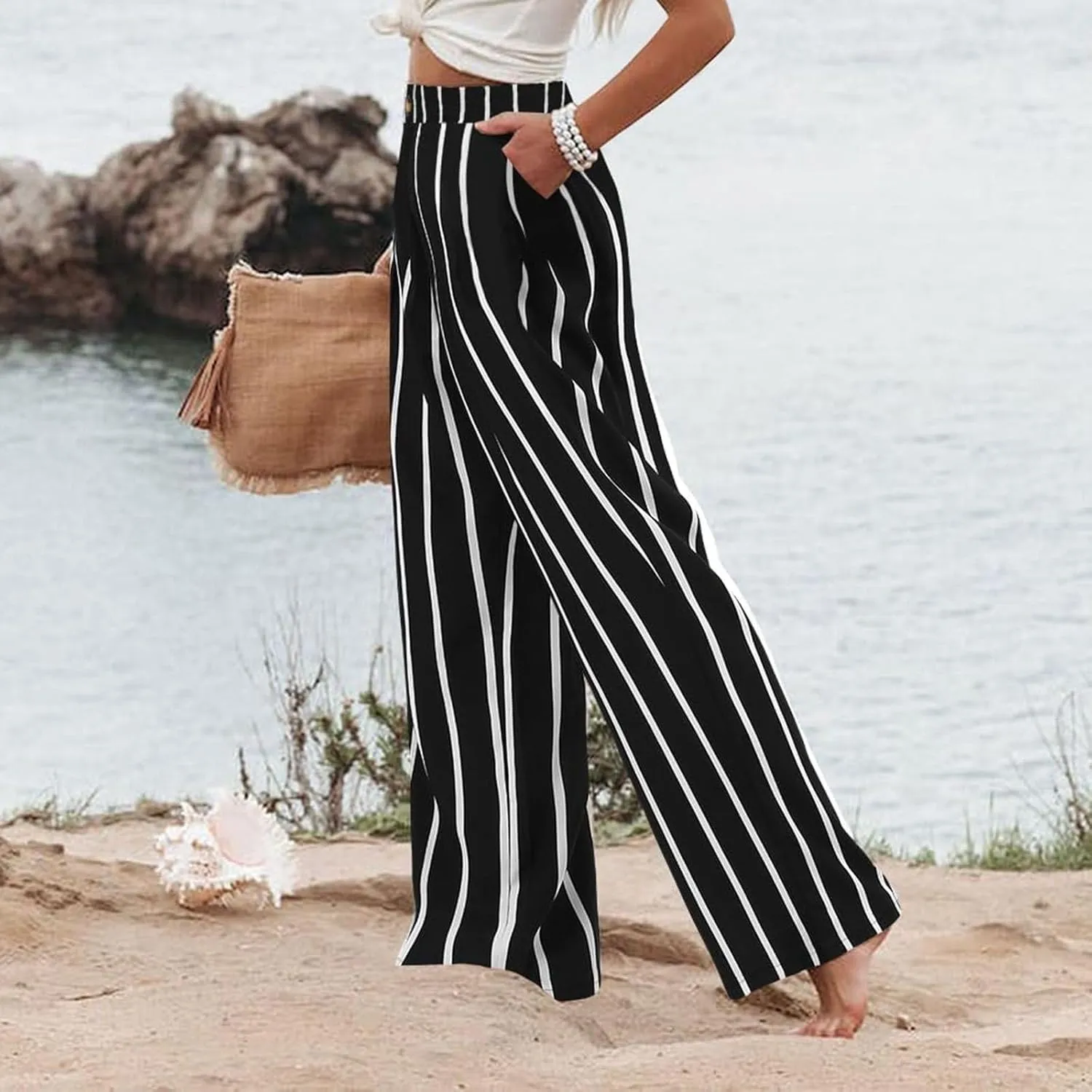 Wide Leg Trousers Pants for Women High Elastic Waisted in The Back Business Work Button Long Casual Pants Palazzo Plus