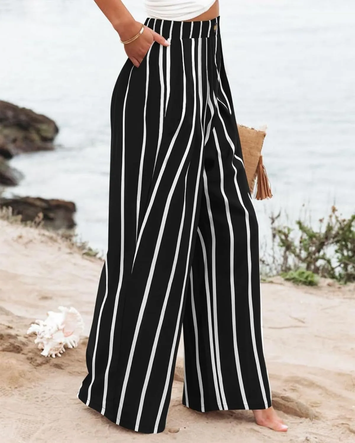 Wide Leg Trousers Pants for Women High Elastic Waisted in The Back Business Work Button Long Casual Pants Palazzo Plus