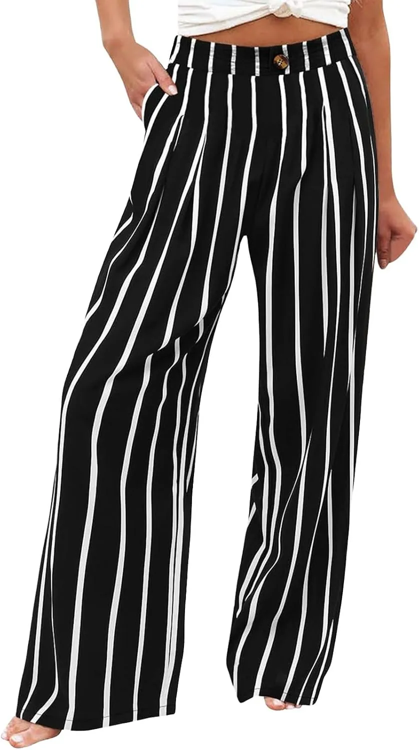 Wide Leg Trousers Pants for Women High Elastic Waisted in The Back Business Work Button Long Casual Pants Palazzo Plus