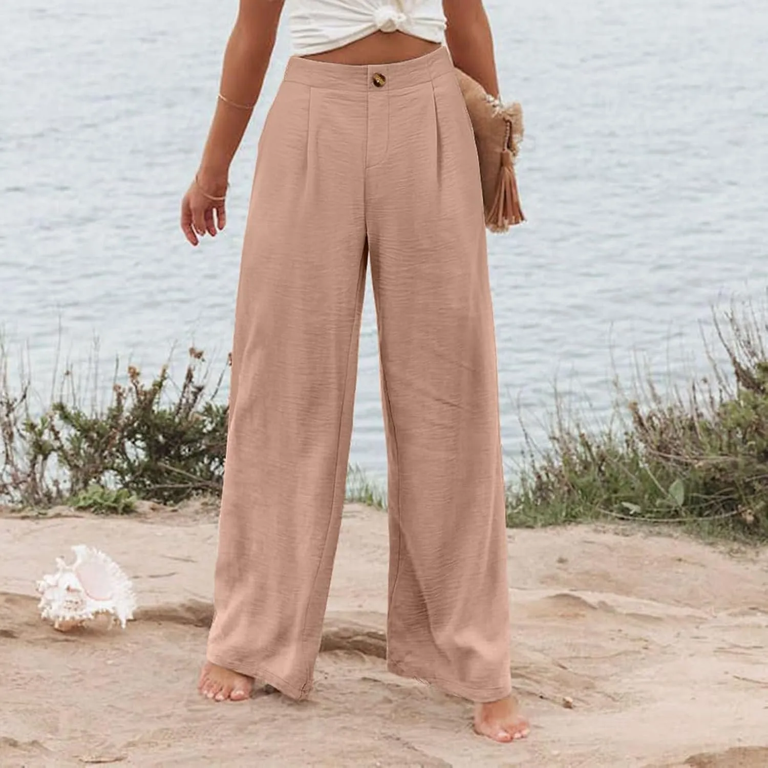 Wide Leg Trousers Pants for Women High Elastic Waisted in The Back Business Work Button Long Casual Pants Palazzo Plus