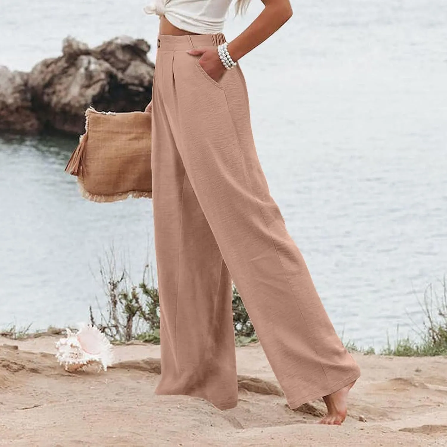 Wide Leg Trousers Pants for Women High Elastic Waisted in The Back Business Work Button Long Casual Pants Palazzo Plus