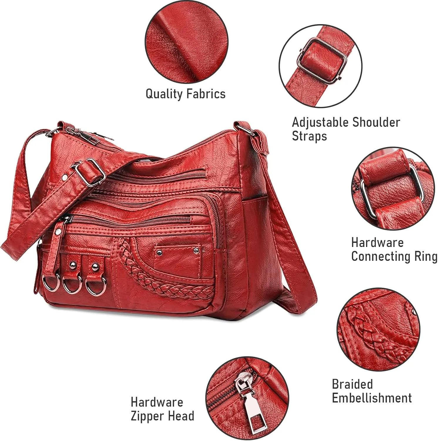 WITERY Crossboby Bag for Women - Soft PU Leather Multi-Pocket Shoulder Bag Handbag with Adjustable Strap