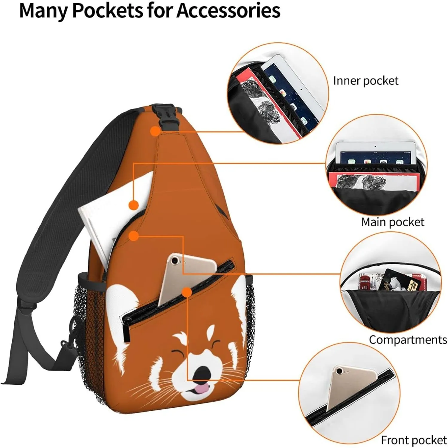Women Adorable Red Panda Orange Crossbody Sling Backpack for Men Chest Bag Shoulder Bag Lightweight One Strap Backpack Travel Outdoor Daypack