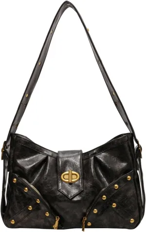 Women Crossbody Shoulder Bag Rivet Punk Hobo Tote Bag Retro Pleated Dumpling Bag