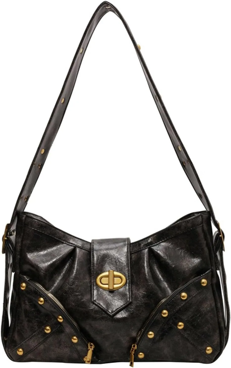 Women Crossbody Shoulder Bag Rivet Punk Hobo Tote Bag Retro Pleated Dumpling Bag