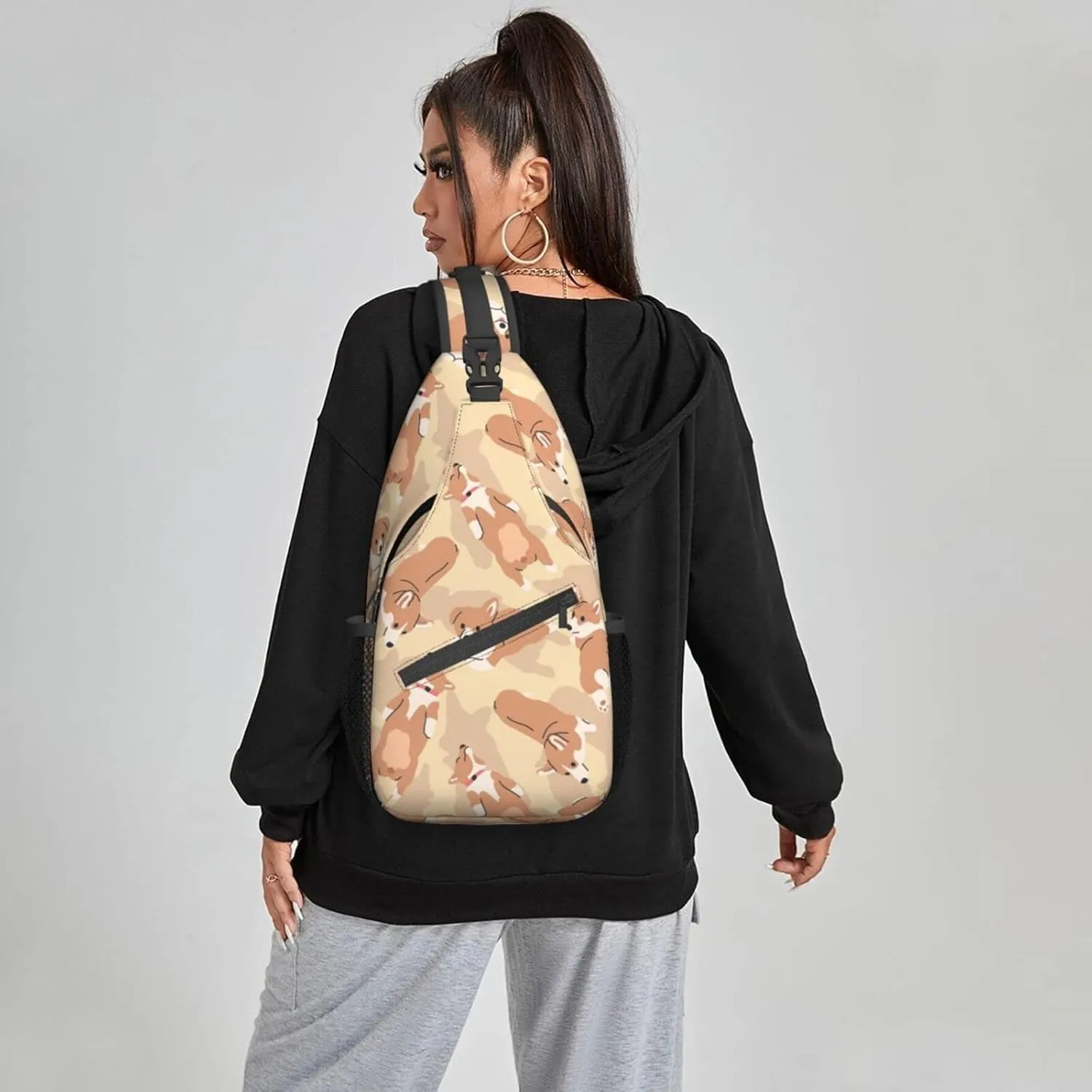Women Cute Corgi Sleeping Dogs Crossbody Sling Backpack for Men Chest Bag Shoulder Bag Lightweight One Strap Backpack Travel Outdoor Daypack