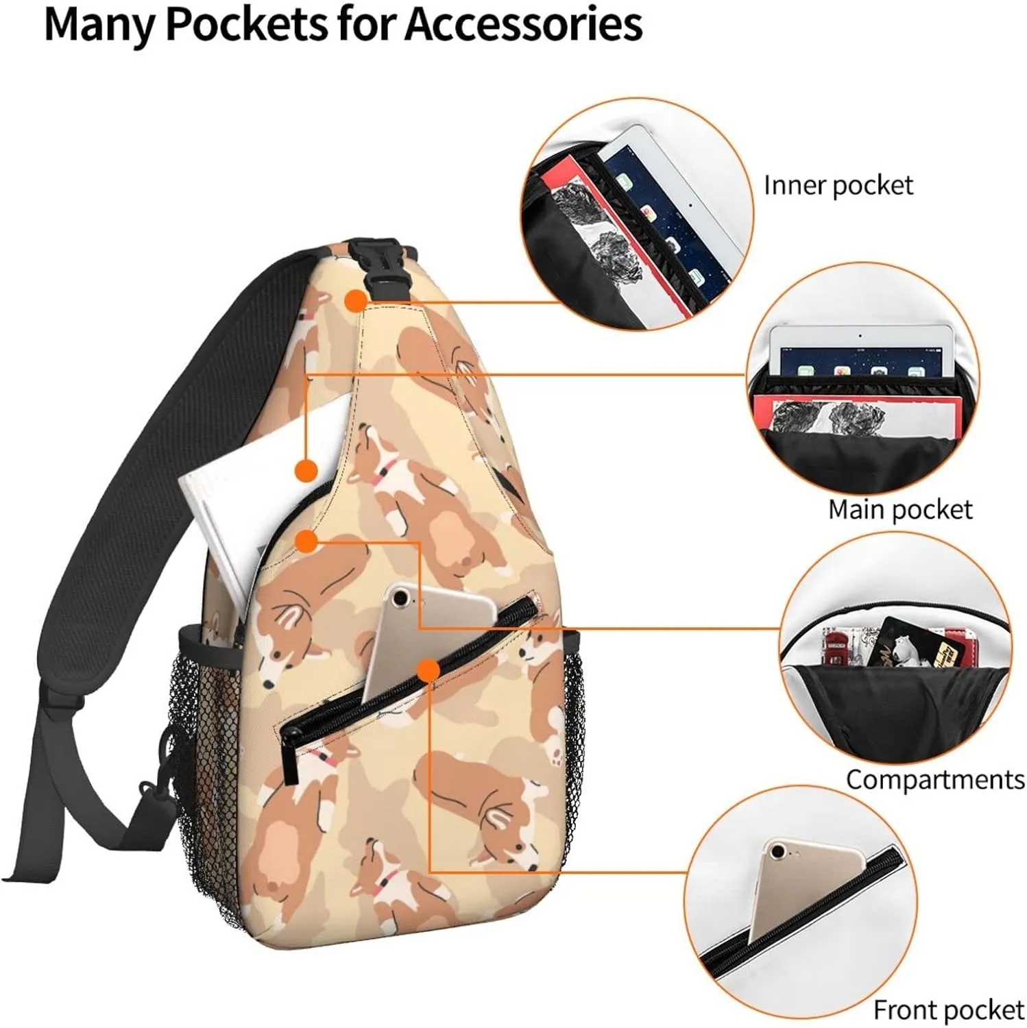 Women Cute Corgi Sleeping Dogs Crossbody Sling Backpack for Men Chest Bag Shoulder Bag Lightweight One Strap Backpack Travel Outdoor Daypack