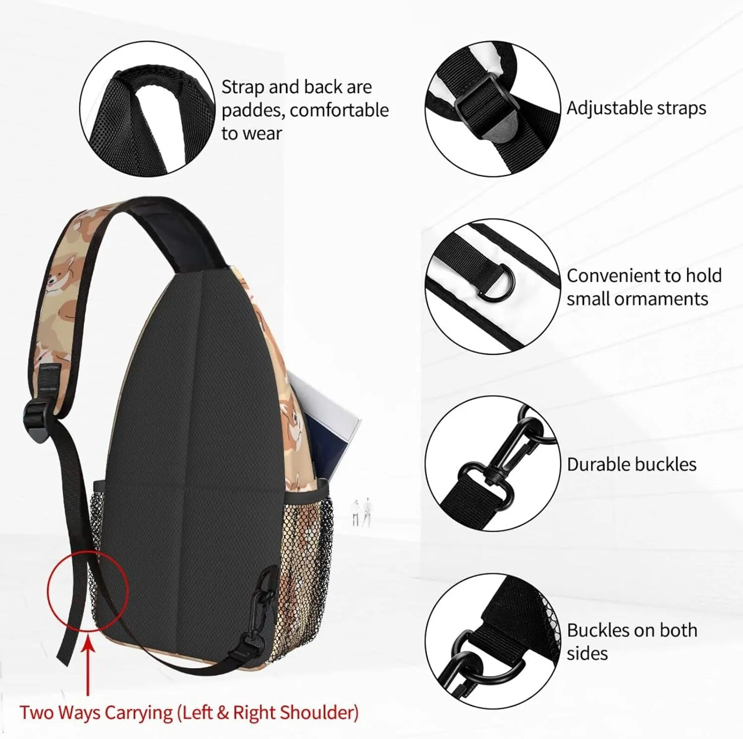 Women Cute Corgi Sleeping Dogs Crossbody Sling Backpack for Men Chest Bag Shoulder Bag Lightweight One Strap Backpack Travel Outdoor Daypack