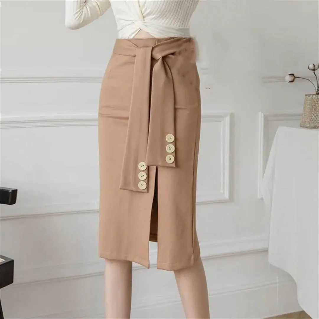 Women Korean Fashion High Waist Bodycon Pencil Skirts Office Elastic Sexy Midi Skirt