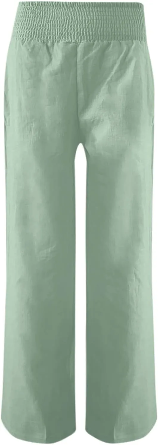 Women Linen Summer Pants Flowy Casual Wide Leg Beach Trousers Loose Elastic Waist Lounge Palazzo Pants with Pockets