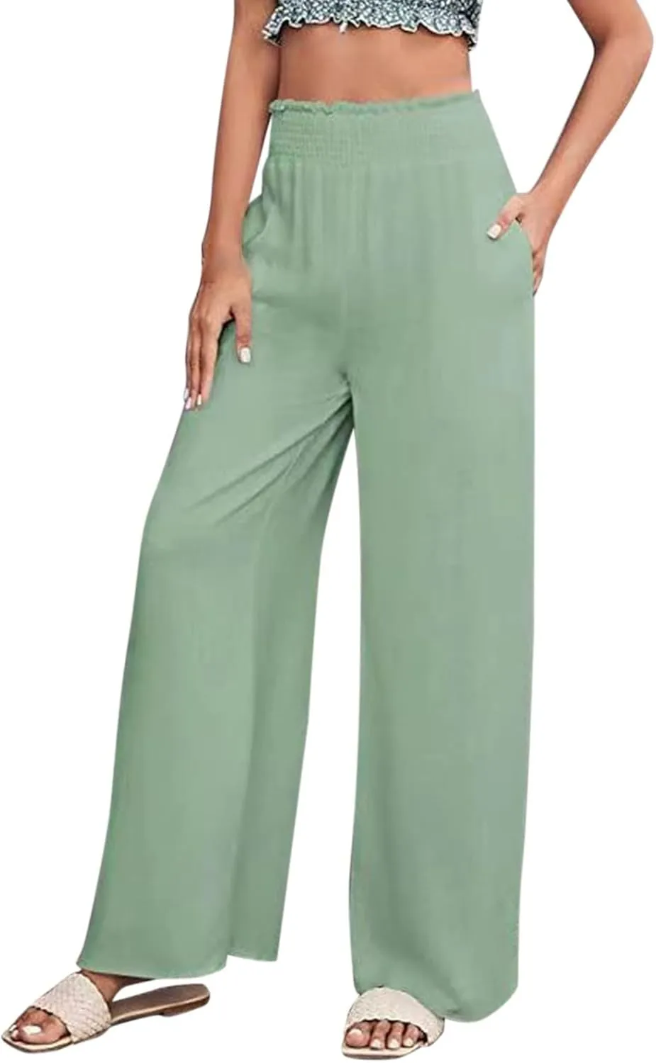 Women Linen Summer Pants Flowy Casual Wide Leg Beach Trousers Loose Elastic Waist Lounge Palazzo Pants with Pockets