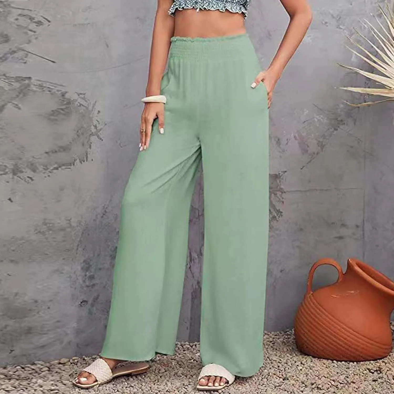 Women Linen Summer Pants Flowy Casual Wide Leg Beach Trousers Loose Elastic Waist Lounge Palazzo Pants with Pockets
